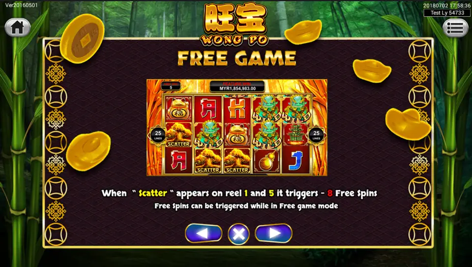 Wong Po free game rules: Scatter on reels 1 and 5 triggers 8 free spins