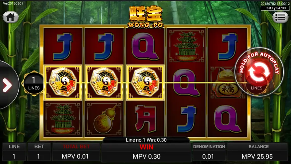 Three bagua charms on line 1 of Wong Po paying 0.30 on a 0.01 bet
