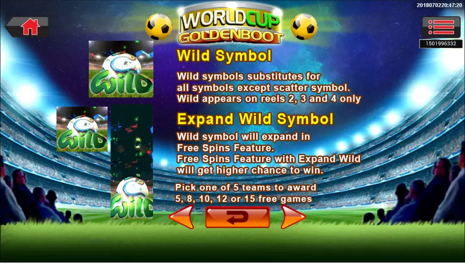 WorldCup Golden Boot help screen explaining the Wild on reels 2 to 4 and the Expand Wild in free spins
