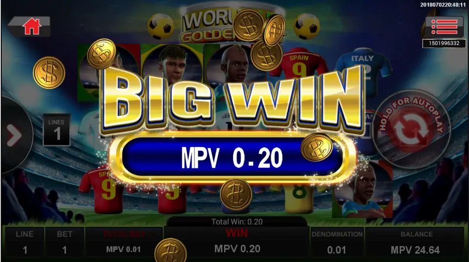 A Big Win banner of 0.20 on WorldCup Golden Boot on a 1-line bet