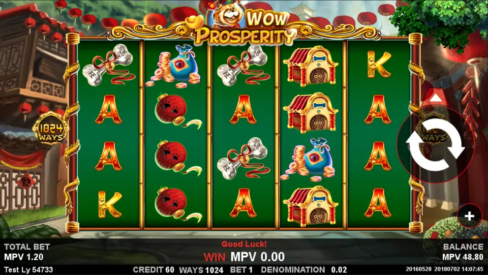 Wow Prosperity reels on SKY777 with dog houses, bones, money bags and red balls on 1024 ways, total bet 1.20