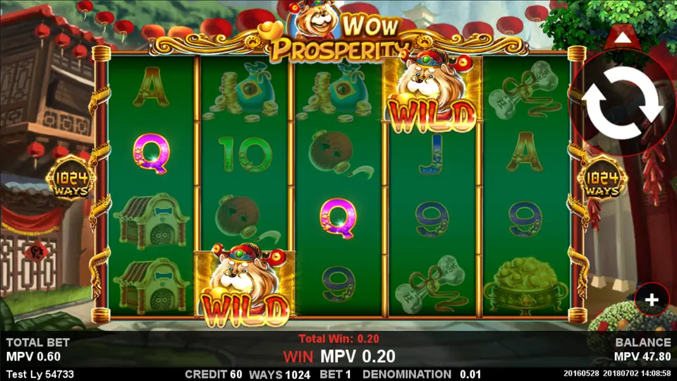 Two fortune dog Wilds on reels 2 and 4 of Wow Prosperity during a 4 of a kind win of 0.20