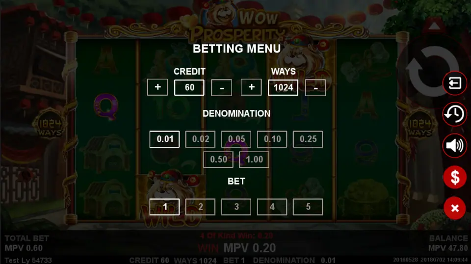 The Wow Prosperity betting menu with Credit 60, Ways 1024, denominations from 0.01 to 1.00 and bet 1 to 5