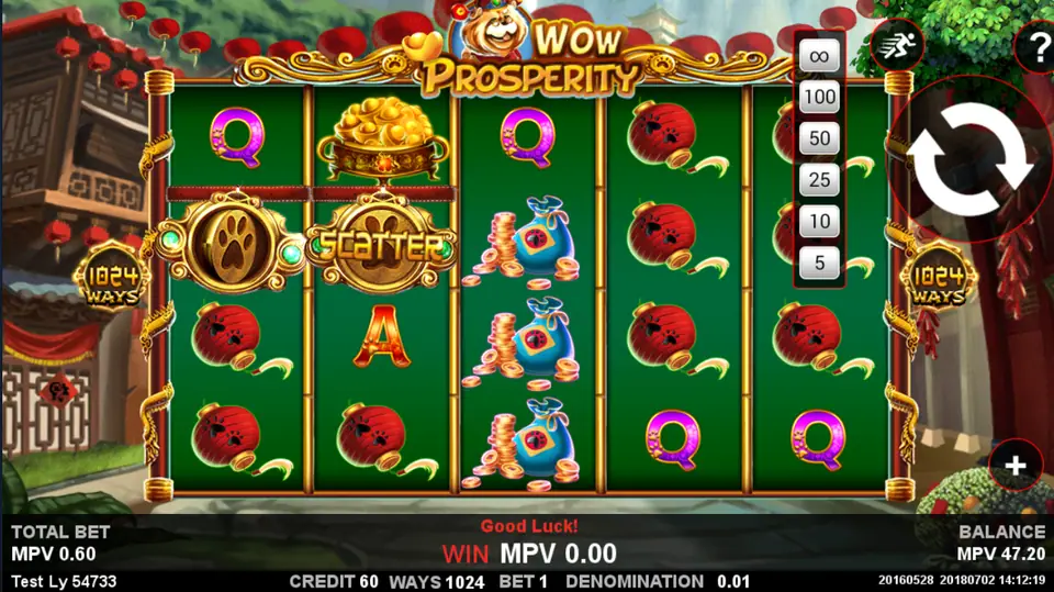Wow Prosperity autoplay options from 5 spins up to infinite, with a Scatter on reel 2