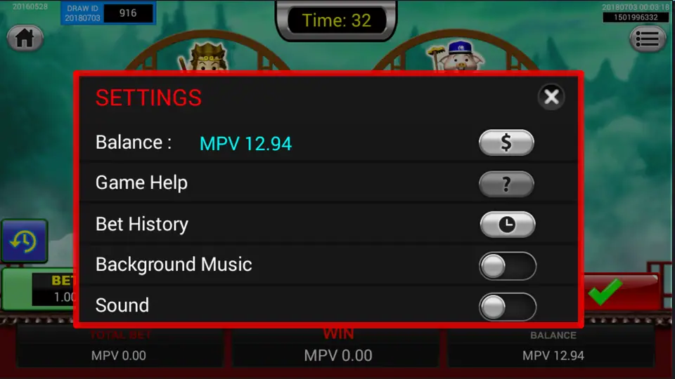 The Magic Journey settings menu on SKY777 over the betting screen