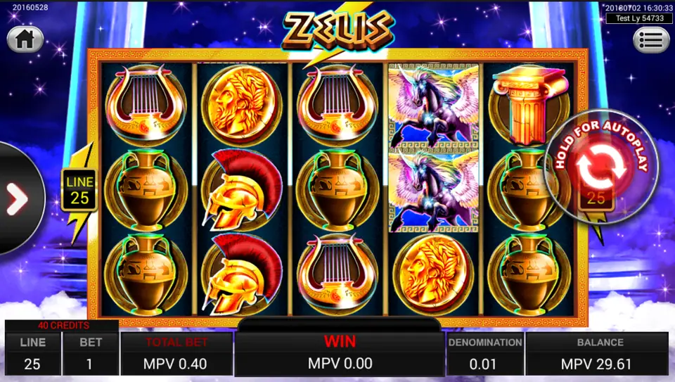 Zeus reels on SKY777 with lyres, gold coins, amphorae, Spartan helmets and stacked Pegasus on reel 4, 25 lines at 0.40