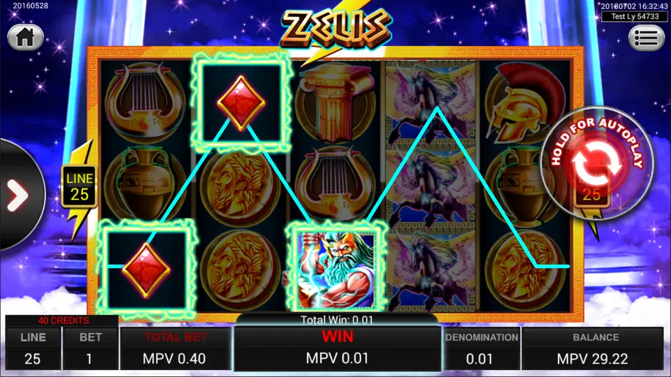 A small Zeus line win of 0.01 with two diamonds and the Zeus Wild along a V-shaped payline