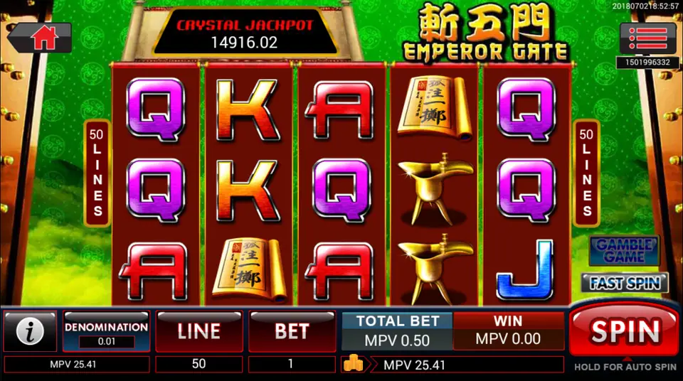 Zhan Wu Men Emperor Gate reels on SKY777 with card ranks, gold wine cups and scrolls, Crystal Jackpot 14,916.02, 50 lines at 0.50