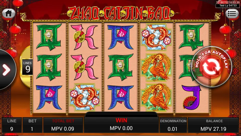 Zhao Chai Jin Bao reels on SKY777 with green Qs, pink Ks, koi and phoenixes, 9 lines and a total bet of 0.09