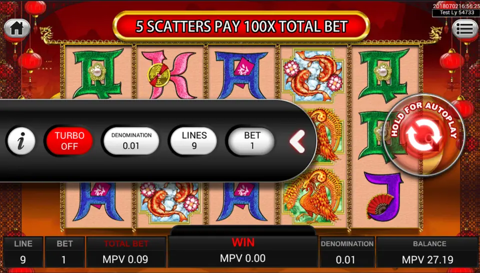 Zhao Chai Jin Bao on SKY777 with the bet panel open: Turbo off, Denomination 0.01, Lines 9, Bet 1