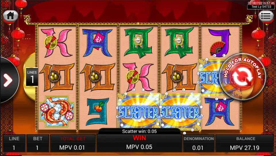 Three gold ingot Scatters on reels 3, 4 and 5 of Zhao Chai Jin Bao with a Scatter win of 0.05